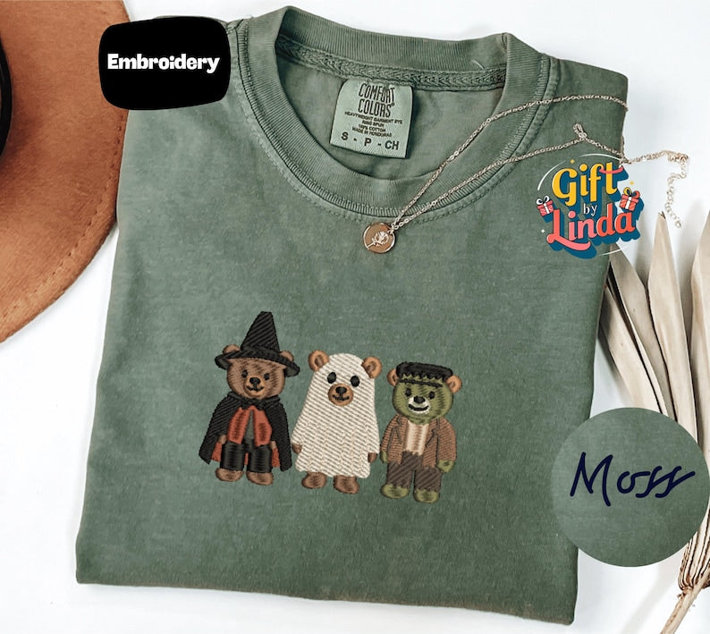 Pumpkin Balloon Ghost Mouse Embroidered Shirt, Cute Halloween Embroidery Tee, Comfort Colors Spooky Fall Shirt