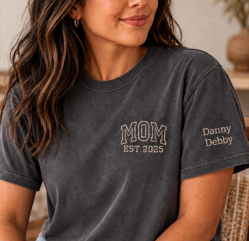 Comfort Colors Custom Mom Embroidered T-Shirt, Personalized with Kids Names on Sleeve