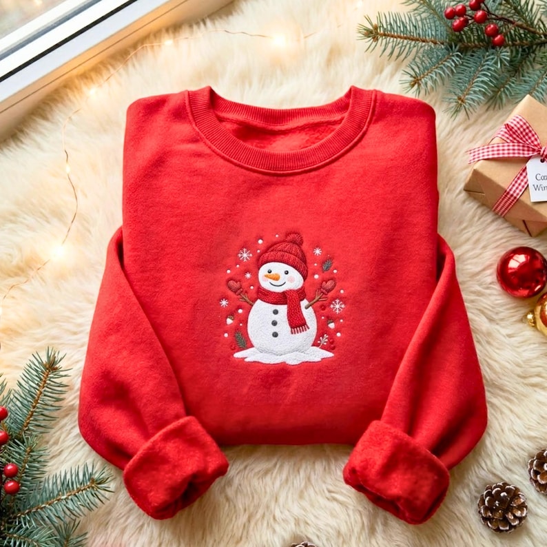 Embroidered Snowman Christmas Sweatshirt: Let It Snow Xmas Crewneck Sweater