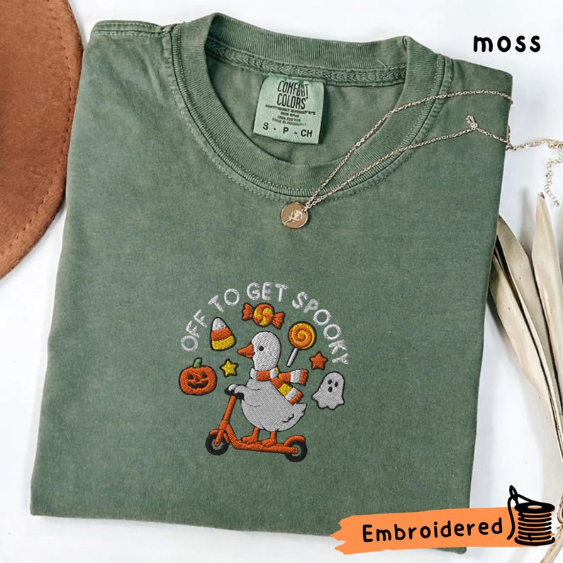 Embroidered Halloween Goose Shirt, Spooky Pumpkin Ghost Tee, Comfort Colors Fall
