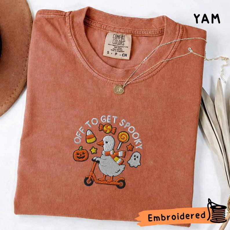 Embroidered Halloween Goose Shirt, Spooky Pumpkin Ghost Tee, Comfort Colors Fall