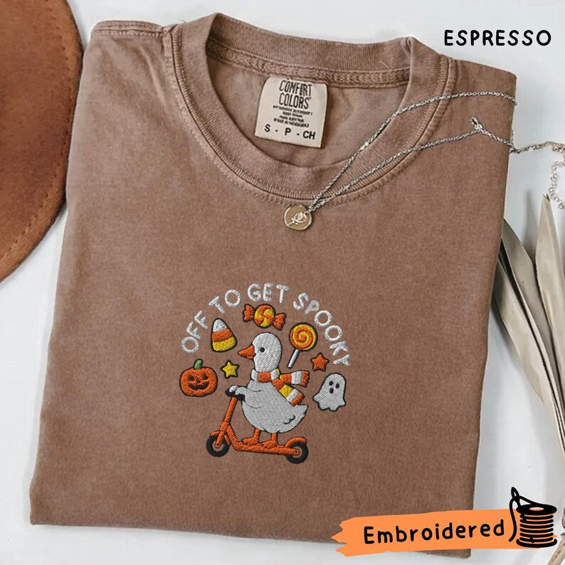 Embroidered Halloween Goose Shirt, Spooky Pumpkin Ghost Tee, Comfort Colors Fall