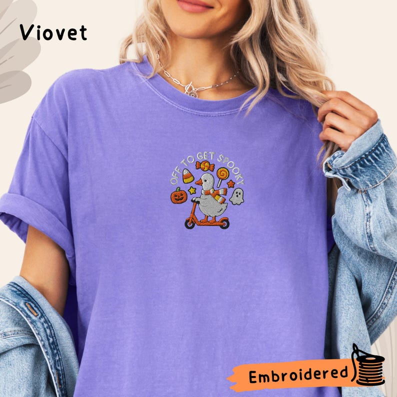Embroidered Halloween Goose Shirt, Spooky Pumpkin Ghost Tee, Comfort Colors Fall