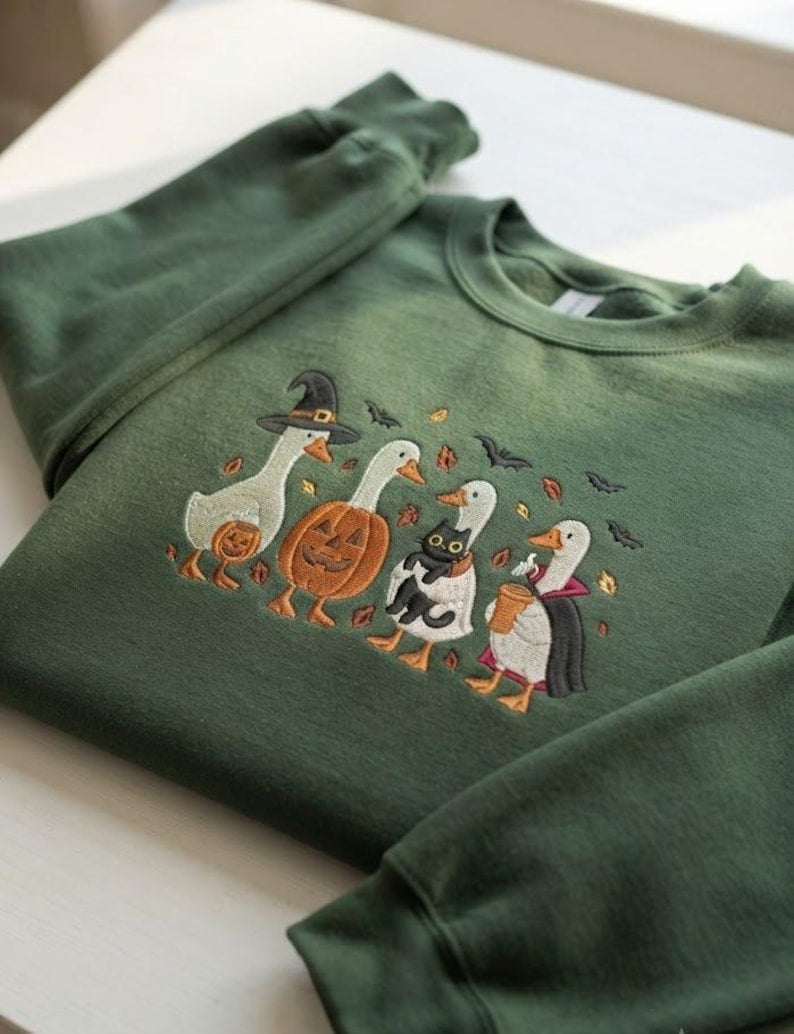 Embroidered Halloween Goose Crewneck, Spooky Goose Shirt, Ghost Goose Shirt, Cozy Season Embroidered Sweatshirt, Autumn Pumpkin Shirt