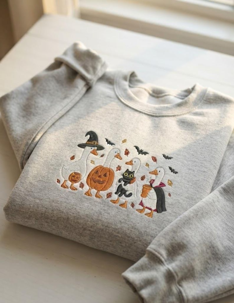 Embroidered Halloween Goose Crewneck, Spooky Goose Shirt, Ghost Goose Shirt, Cozy Season Embroidered Sweatshirt, Autumn Pumpkin Shirt