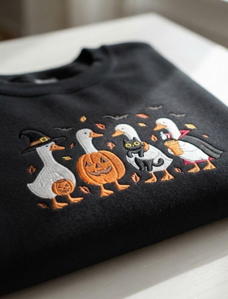 Embroidered Halloween Goose Crewneck, Spooky Goose Shirt, Ghost Goose Shirt, Cozy Season Embroidered Sweatshirt, Autumn Pumpkin Shirt