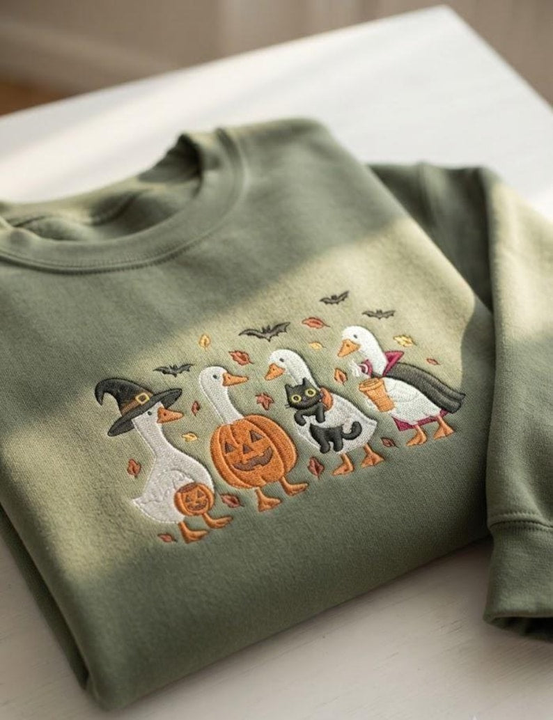 Embroidered Halloween Goose Crewneck, Spooky Goose Shirt, Ghost Goose Shirt, Cozy Season Embroidered Sweatshirt, Autumn Pumpkin Shirt
