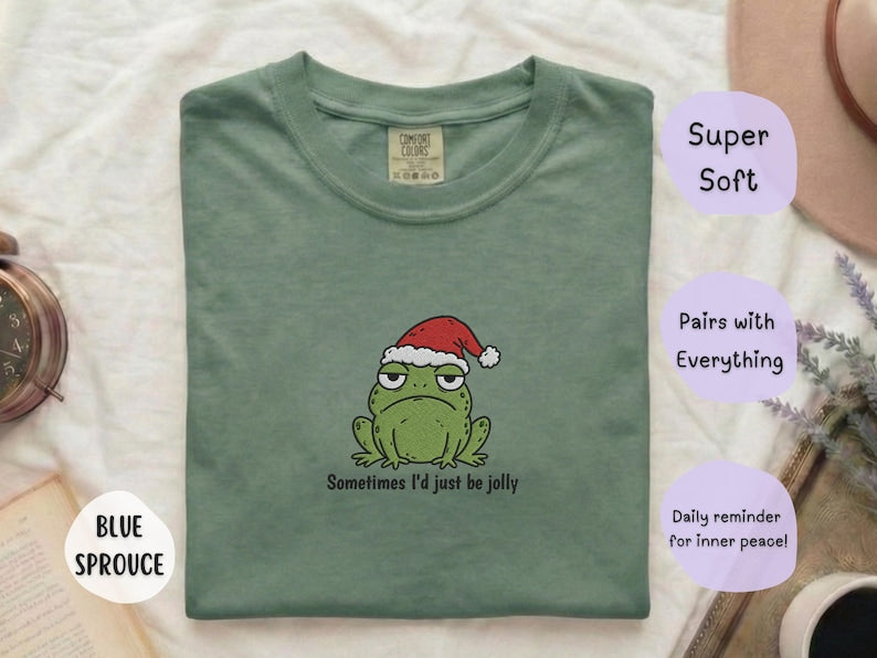 Funny Christmas Frog Shirt, Comfort Colors Embroidered Shirt, Cute Frog Shirt, Christmas Shirt, Holiday Shirt, Funny Gift For Her T-Shirt