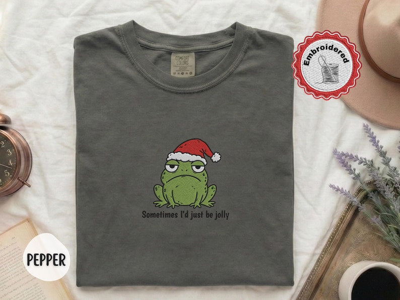 Funny Christmas Frog Shirt, Comfort Colors Embroidered Shirt, Cute Frog Shirt, Christmas Shirt, Holiday Shirt, Funny Gift For Her T-Shirt