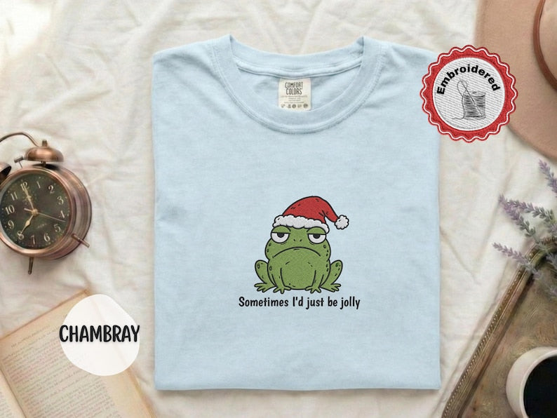 Funny Christmas Frog Shirt, Comfort Colors Embroidered Shirt, Cute Frog Shirt, Christmas Shirt, Holiday Shirt, Funny Gift For Her T-Shirt
