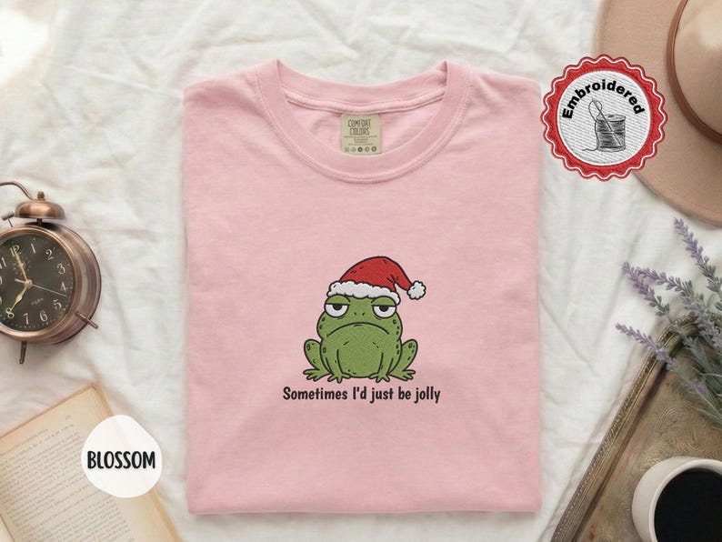 Funny Christmas Frog Shirt, Comfort Colors Embroidered Shirt, Cute Frog Shirt, Christmas Shirt, Holiday Shirt, Funny Gift For Her T-Shirt