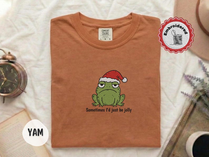 Funny Christmas Frog Shirt, Comfort Colors Embroidered Shirt, Cute Frog Shirt, Christmas Shirt, Holiday Shirt, Funny Gift For Her T-Shirt