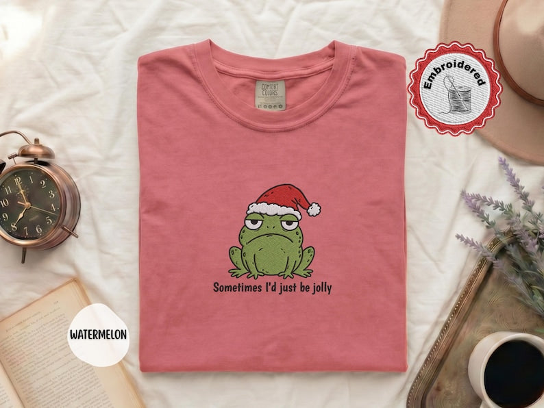 Funny Christmas Frog Shirt, Comfort Colors Embroidered Shirt, Cute Frog Shirt, Christmas Shirt, Holiday Shirt, Funny Gift For Her T-Shirt