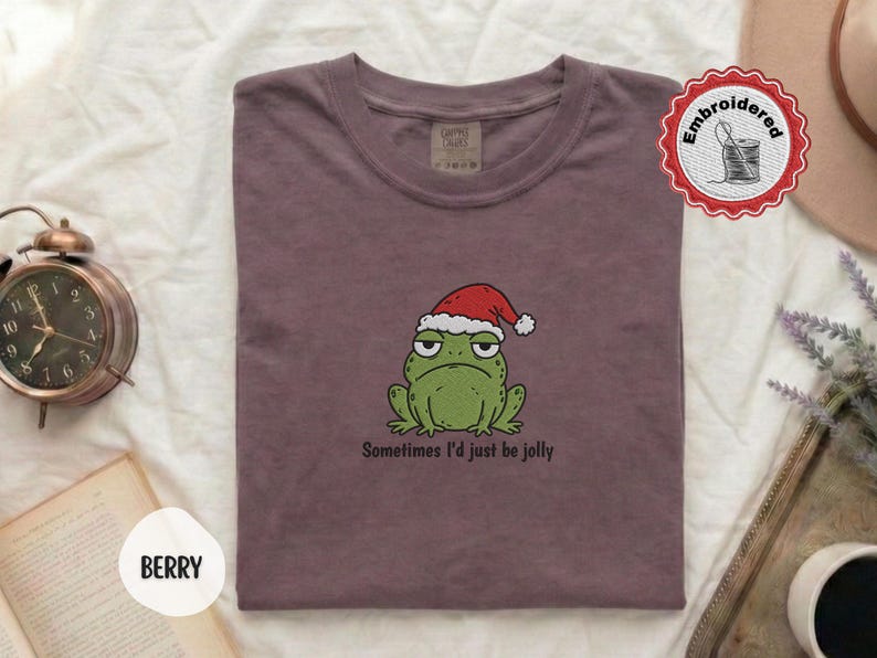 Funny Christmas Frog Shirt, Comfort Colors Embroidered Shirt, Cute Frog Shirt, Christmas Shirt, Holiday Shirt, Funny Gift For Her T-Shirt