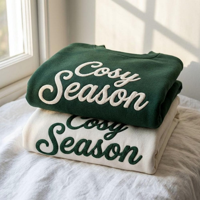 Personalized Yarn Embroidered Shirt, Cozy Season Crewneck, Fall Minimalist Sweater, Holiday Matching Sweatshirt