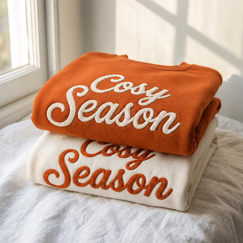 Personalized Yarn Embroidered Shirt, Cozy Season Crewneck, Fall Minimalist Sweater, Holiday Matching Sweatshirt