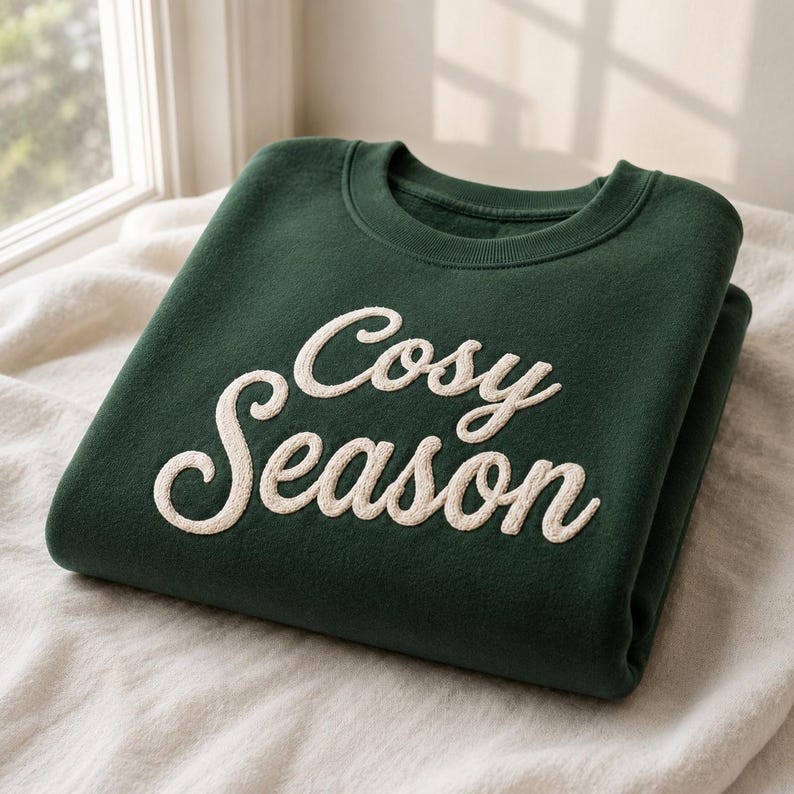 Personalized Yarn Embroidered Shirt, Cozy Season Crewneck, Fall Minimalist Sweater, Holiday Matching Sweatshirt