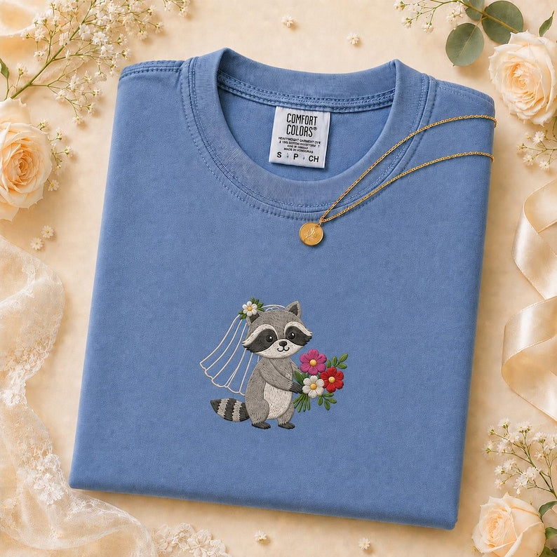 Embroidered Raccoon Bride Comfort Colors Shirt, Bridal Raccoon Tee, Wedding Raccoon Shirt, Future Bride Gift, Cute Woodland Bride Tee