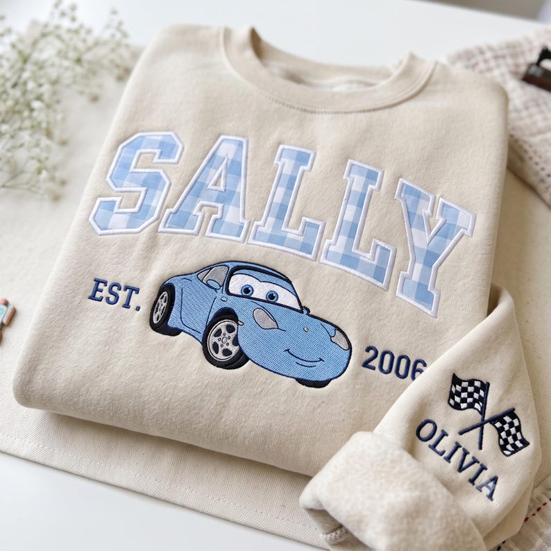 Cartoon Couple Car Embroidered Sweatshirt, Magical Land Couple Crewneck, Gingham Applique Couple Shirt, Valentine Shirt, Anniversary Gift