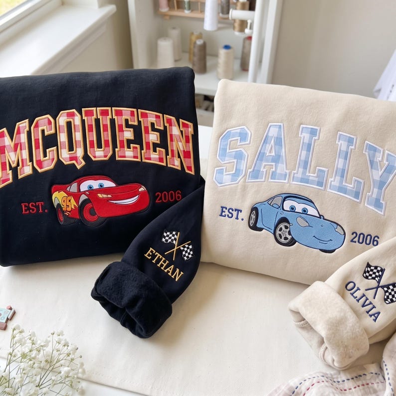 Cartoon Couple Car Embroidered Sweatshirt, Magical Land Couple Crewneck, Gingham Applique Couple Shirt, Valentine Shirt, Anniversary Gift