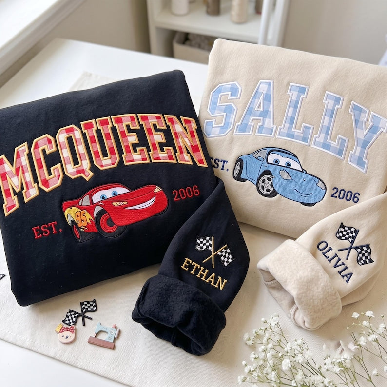 Cartoon Couple Car Embroidered Sweatshirt, Magical Land Couple Crewneck, Gingham Applique Couple Shirt, Valentine Shirt, Anniversary Gift