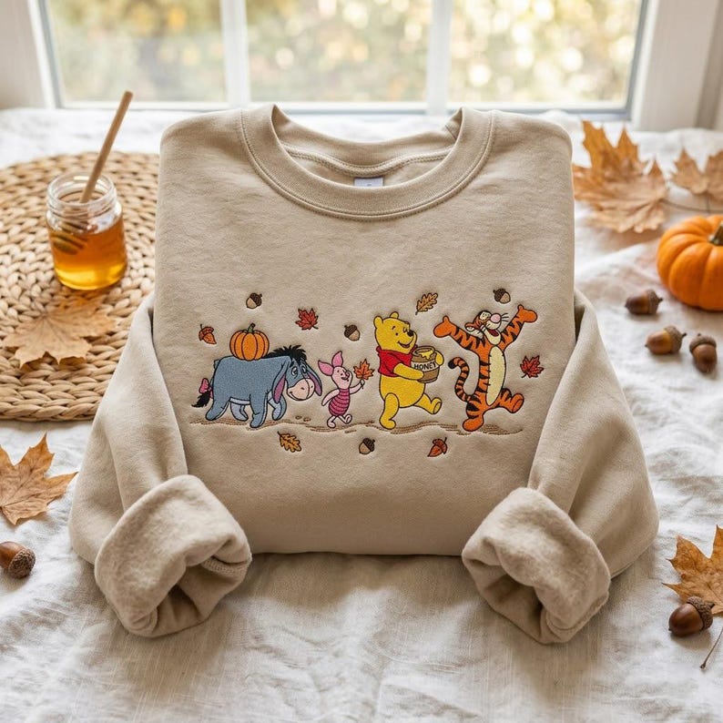 Embroidered Vintage Honey Bear Shirt, Fall Bear And Friends Sweatshirt, Magical Land Crewneck, Cozy Season Tee, Holiday Vacation Gift