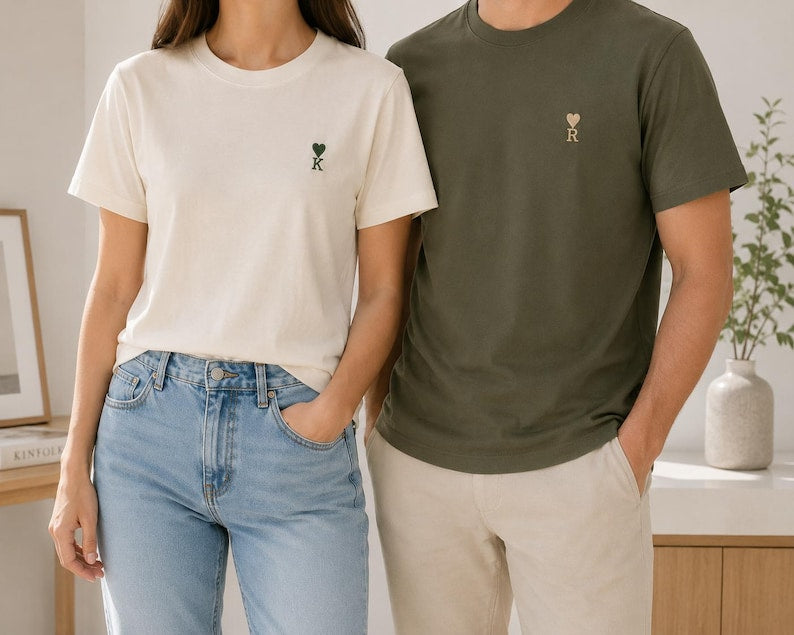 Matching Embroidered Couple Shirts | Personalized Initial T-Shirts | Hidden Message Neck Embroidery | Anniversary Gift for Couples