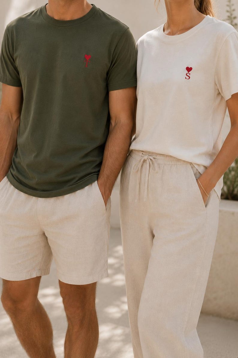 Matching Embroidered Couple Shirts | Personalized Initial T-Shirts | Hidden Message Neck Embroidery | Anniversary Gift for Couples