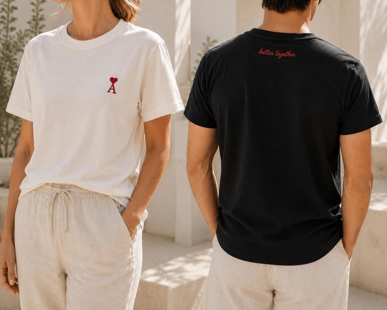 Matching Embroidered Couple Shirts | Personalized Initial T-Shirts | Hidden Message Neck Embroidery | Anniversary Gift for Couples
