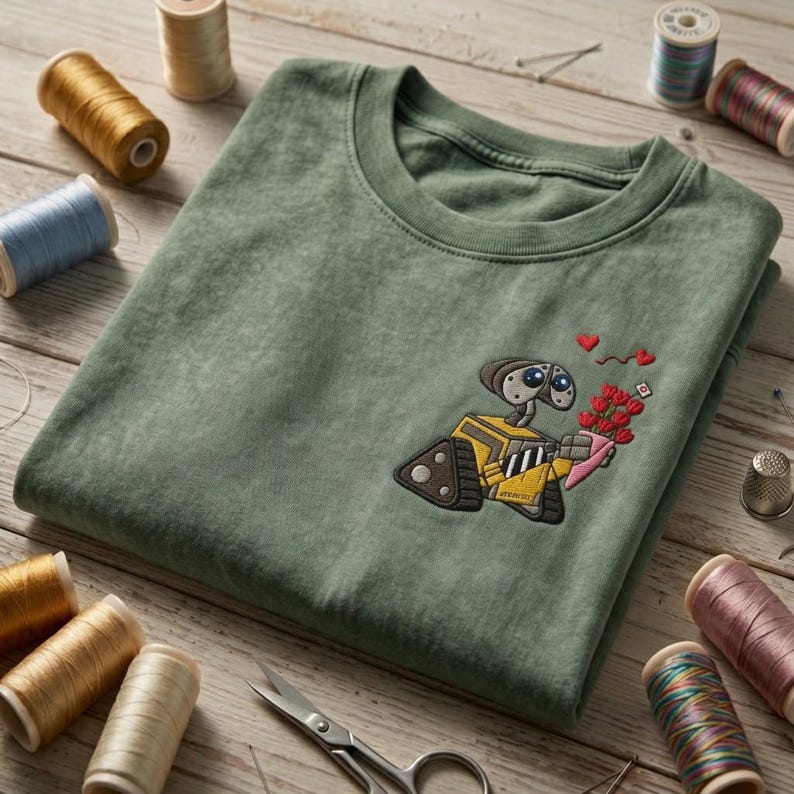 Embroidered Disney Pixar Walle Rose Vintage Washed Tee, Disney Couple Matching Shirts, Disneyland Vacation Shirt, Retro Disney Park Outfit