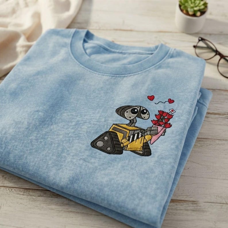 Embroidered Disney Pixar Walle Rose Vintage Washed Tee, Disney Couple Matching Shirts, Disneyland Vacation Shirt, Retro Disney Park Outfit
