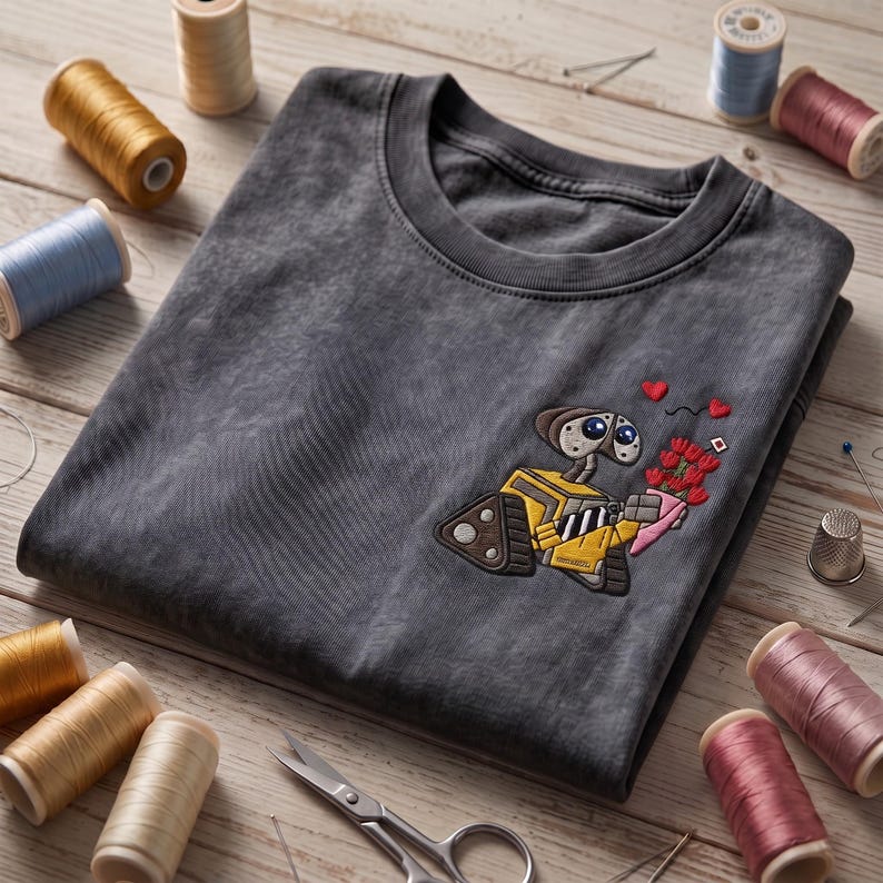 Embroidered Disney Pixar Walle Rose Vintage Washed Tee, Disney Couple Matching Shirts, Disneyland Vacation Shirt, Retro Disney Park Outfit