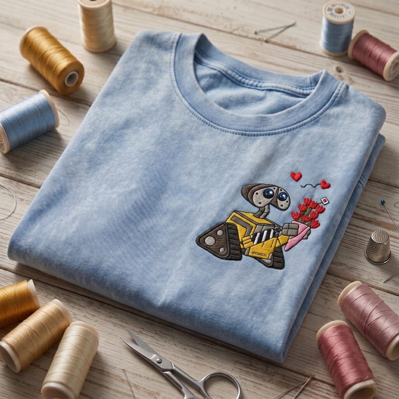 Embroidered Disney Pixar Walle Rose Vintage Washed Tee, Disney Couple Matching Shirts, Disneyland Vacation Shirt, Retro Disney Park Outfit