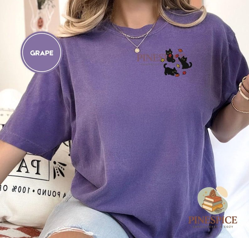 Black Cats Fall Leaves Embroidered Shirt, Cute Autumn Cat Tee, Cozy Comfort Colors Halloween Shirt
