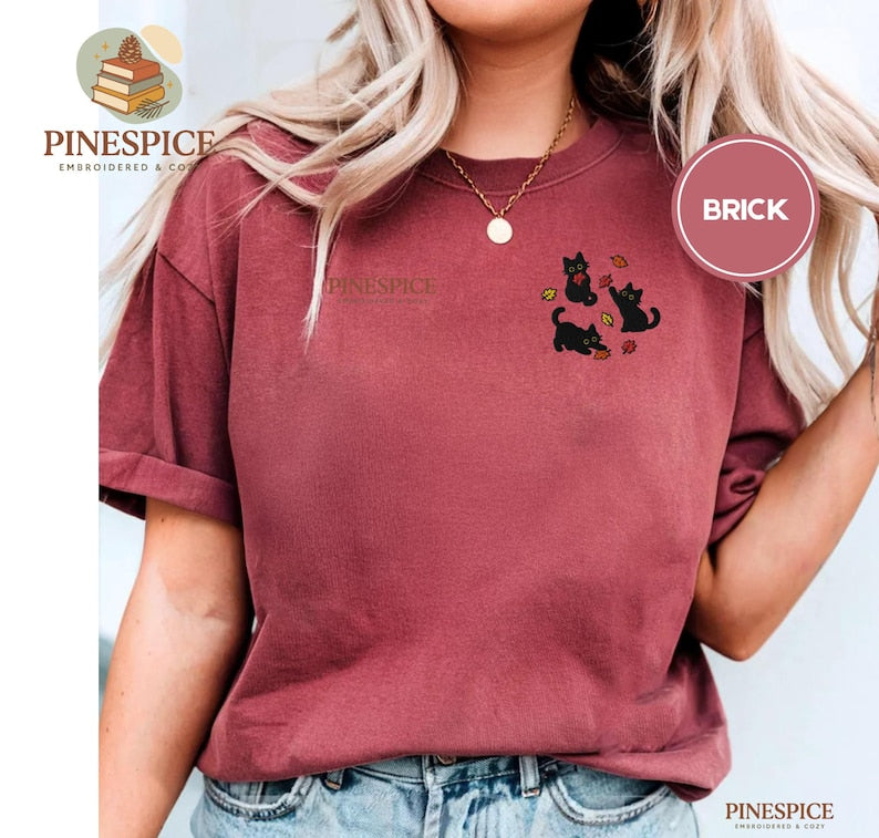 Black Cats Fall Leaves Embroidered Shirt, Cute Autumn Cat Tee, Cozy Comfort Colors Halloween Shirt