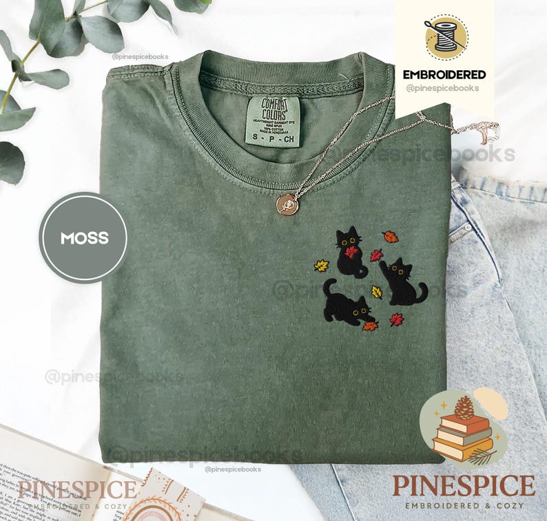 Black Cats Fall Leaves Embroidered Shirt, Cute Autumn Cat Tee, Cozy Comfort Colors Halloween Shirt