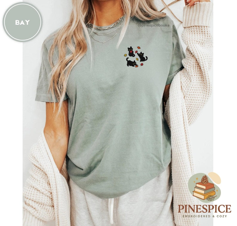 Black Cats Fall Leaves Embroidered Shirt, Cute Autumn Cat Tee, Cozy Comfort Colors Halloween Shirt