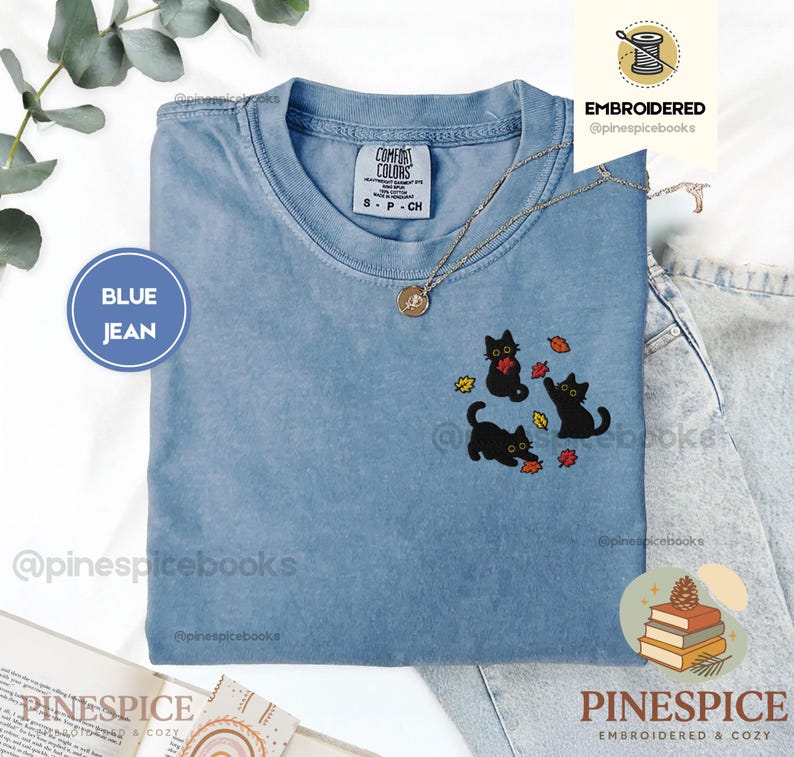 Black Cats Fall Leaves Embroidered Shirt, Cute Autumn Cat Tee, Cozy Comfort Colors Halloween Shirt