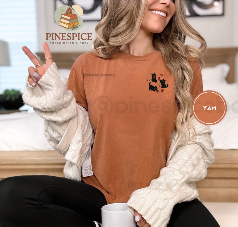 Black Cats Fall Leaves Embroidered Shirt, Cute Autumn Cat Tee, Cozy Comfort Colors Halloween Shirt