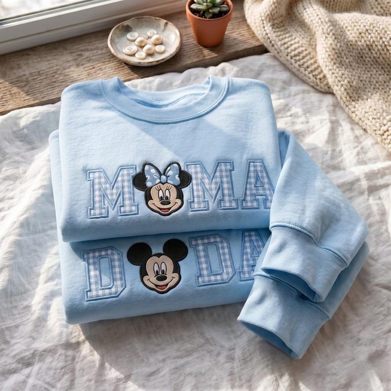 Custom Embroidered Shirt, Gingham Mama Dada Sweatshirt, Mouse Ear Applique Top, Cute Theme Park Trip Apparel, Family Matching