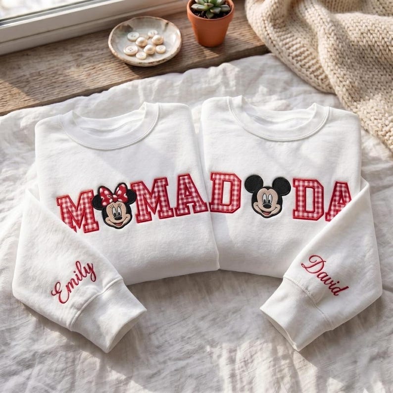 Custom Embroidered Shirt, Gingham Mama Dada Sweatshirt, Mouse Ear Applique Top, Cute Theme Park Trip Apparel, Family Matching