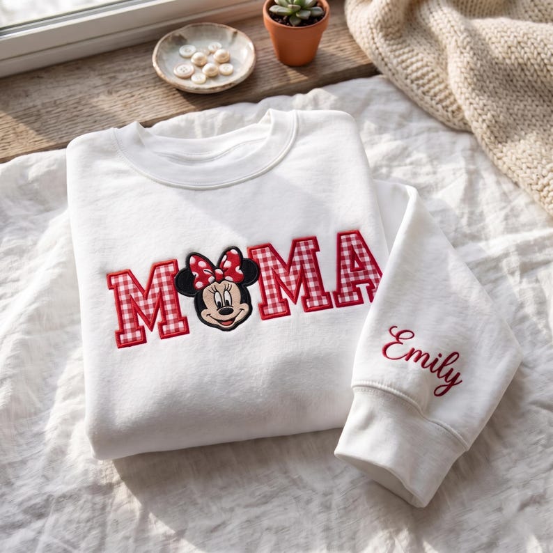 Custom Embroidered Shirt, Gingham Mama Dada Sweatshirt, Mouse Ear Applique Top, Cute Theme Park Trip Apparel, Family Matching