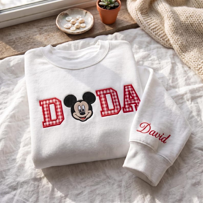 Custom Embroidered Shirt, Gingham Mama Dada Sweatshirt, Mouse Ear Applique Top, Cute Theme Park Trip Apparel, Family Matching