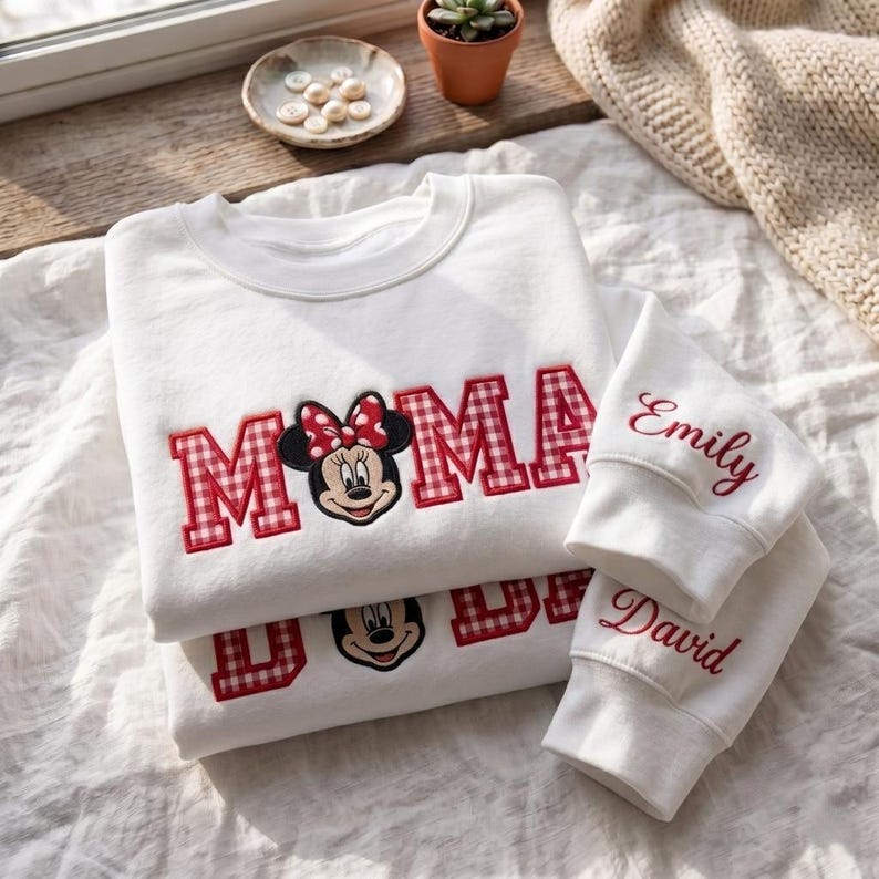 Custom Embroidered Shirt, Gingham Mama Dada Sweatshirt, Mouse Ear Applique Top, Cute Theme Park Trip Apparel, Family Matching