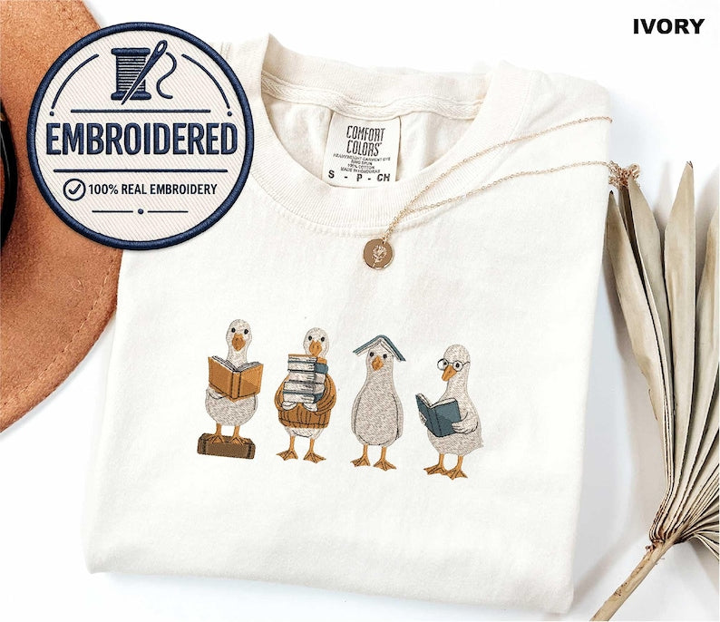 Reading Goose Embroidered Shirt, Comfort Colors Book Lover Tee, Cute Goose Embroidery Shirt, Librarian Gift, Book Club Reader Tee, Bookish
