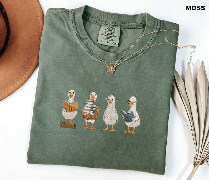 Reading Goose Embroidered Shirt, Comfort Colors Book Lover Tee, Cute Goose Embroidery Shirt, Librarian Gift, Book Club Reader Tee, Bookish