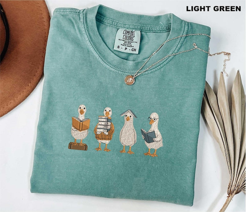 Reading Goose Embroidered Shirt, Comfort Colors Book Lover Tee, Cute Goose Embroidery Shirt, Librarian Gift, Book Club Reader Tee, Bookish