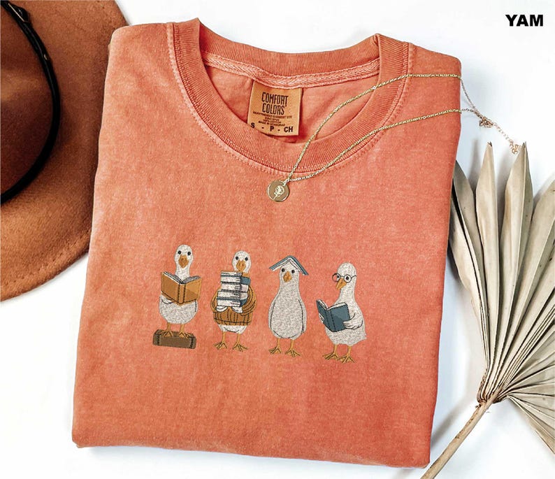 Reading Goose Embroidered Shirt, Comfort Colors Book Lover Tee, Cute Goose Embroidery Shirt, Librarian Gift, Book Club Reader Tee, Bookish