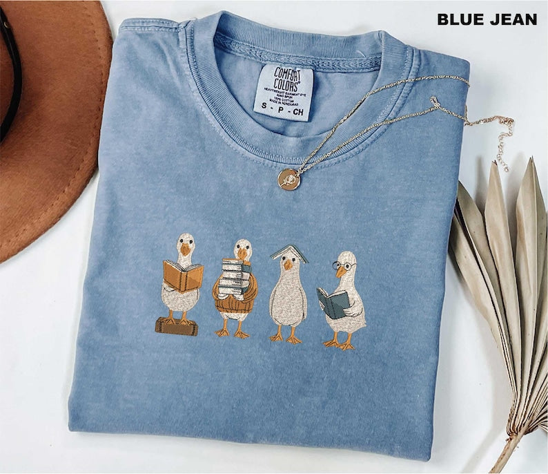 Reading Goose Embroidered Shirt, Comfort Colors Book Lover Tee, Cute Goose Embroidery Shirt, Librarian Gift, Book Club Reader Tee, Bookish