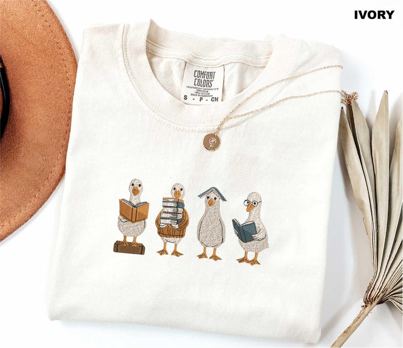Reading Goose Embroidered Shirt, Comfort Colors Book Lover Tee, Cute Goose Embroidery Shirt, Librarian Gift, Book Club Reader Tee, Bookish